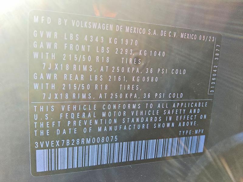 Aukcja sprzedaży 2024 Volkswagen Taos, vin: 3VVEX7B28RM008075, numer aukcji: 46618116