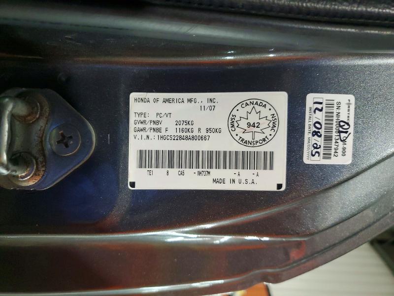 Aukcja sprzedaży 2008 Honda Accord, vin: 1HGCS22848A800667, numer aukcji: 48598266