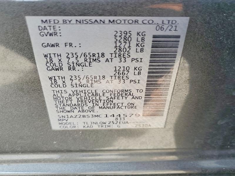 51467036 :رقم المزاد ، 5N1AZ2BS3MC144579 vin ، 2021 Nissan Murano مزاد بيع
