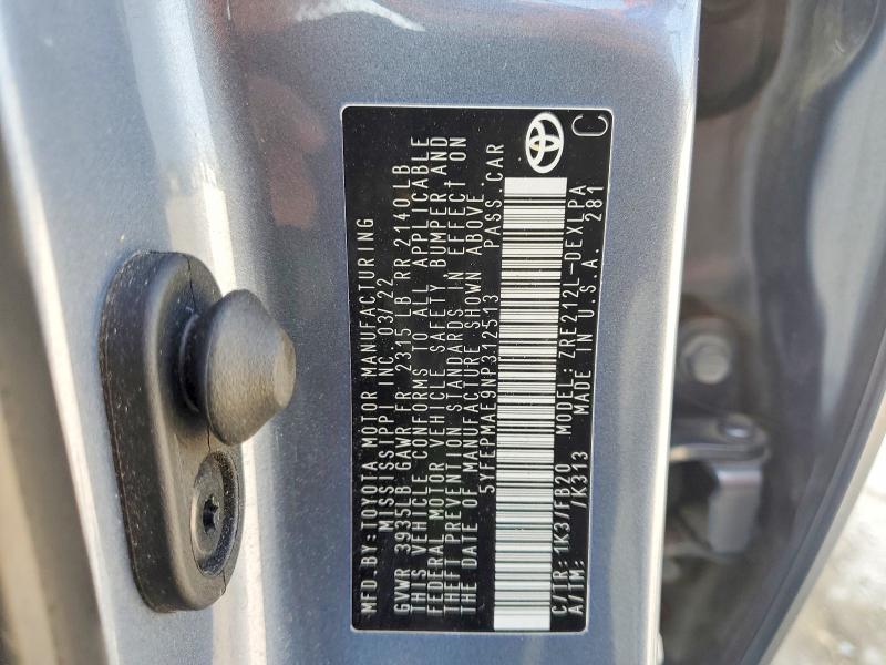 50796716 :رقم المزاد ، 5YFEPMAE9NP312513 vin ، 2022 Toyota Corolla مزاد بيع