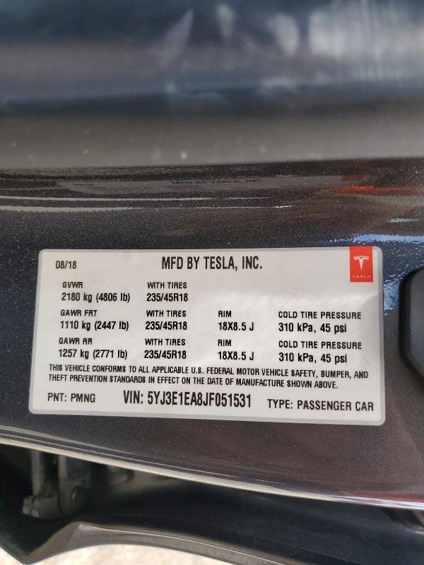 48292086 :رقم المزاد ، 5YJ3E1EA8JF051531 vin ، 2018 Tesla Model 3 مزاد بيع