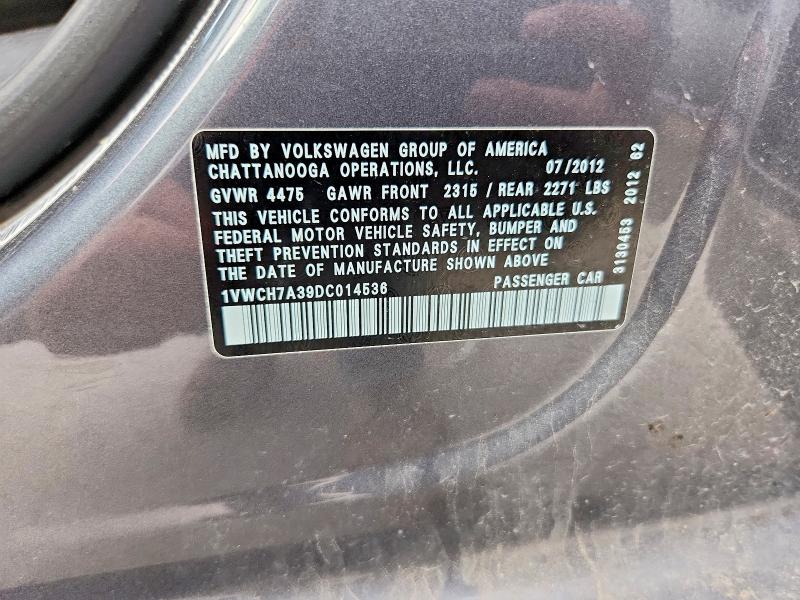 2013 Volkswagen Passat მანქანა იყიდება აუქციონზე, vin: 1VWCH7A39DC014536, აუქციონის ნომერი: 50838546