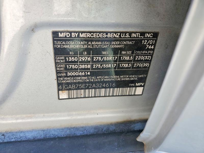 2002 Mercedes-benz Ml მანქანა იყიდება აუქციონზე, vin: 4JGAB75E72A324616, აუქციონის ნომერი: 49414516
