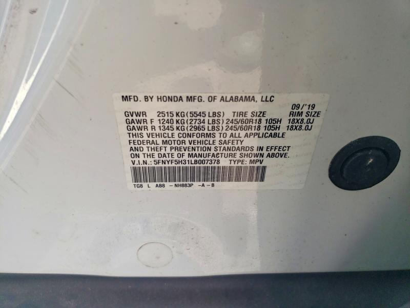 Aukcja sprzedaży 2020 Honda Pilot, vin: 5FNYF5H31LB007378, numer aukcji: 51544426