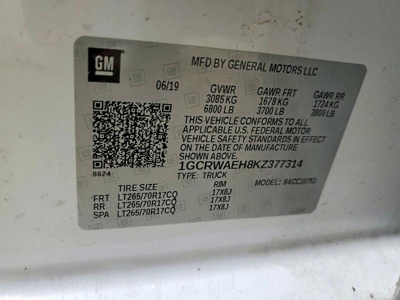 2019 Chevrolet Silverado მანქანა იყიდება აუქციონზე, vin: 1GCRWAEH8KZ377314, აუქციონის ნომერი: 53839906