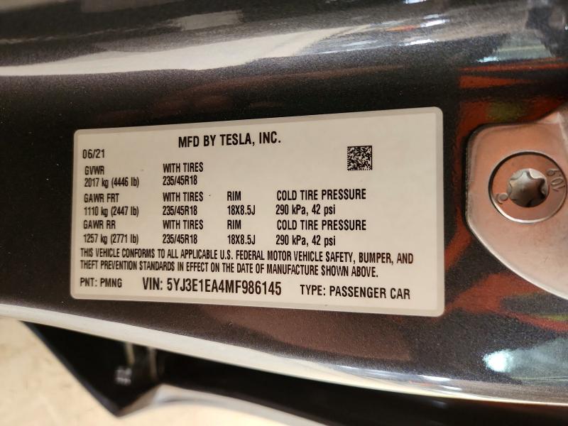 Продажа на аукционе авто 2021 Tesla Model 3, vin: 5YJ3E1EA4MF986145, номер лота: 49651176