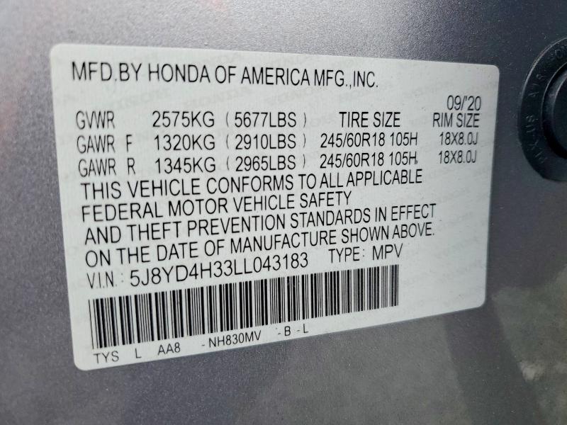 Aukcja sprzedaży 2020 Acura Mdx, vin: 5J8YD4H33LL043183, numer aukcji: 51847406