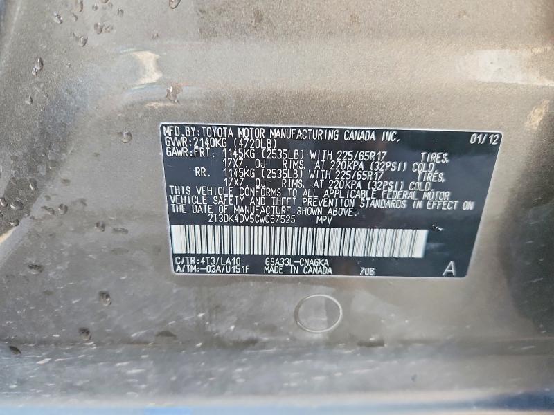 Auction sale of the 2012 Toyota Rav4, vin: 2T3DK4DV5CW067525, lot number: 50118456