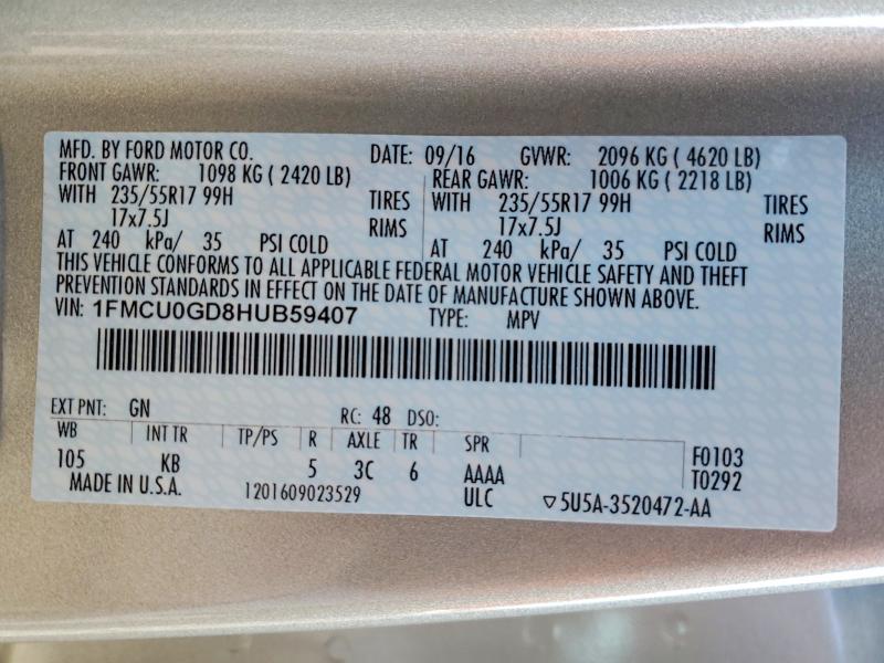 Продажа на аукционе авто 2017 Ford Escape, vin: 1FMCU0GD8HUB59407, номер лота: 48824886