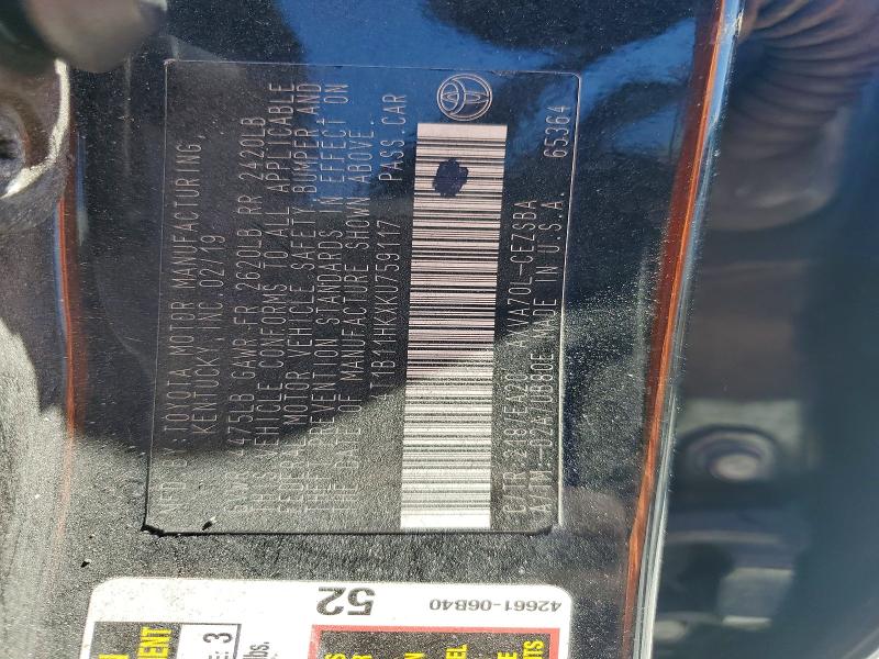 2019 Toyota Camry მანქანა იყიდება აუქციონზე, vin: 4T1B11HKXKU759117, აუქციონის ნომერი: 49945446