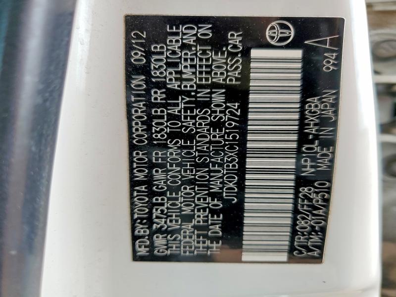 Aukcja sprzedaży 2012 Toyota Prius C, vin: JTDKDTB3XC1519724, numer aukcji: 49539836