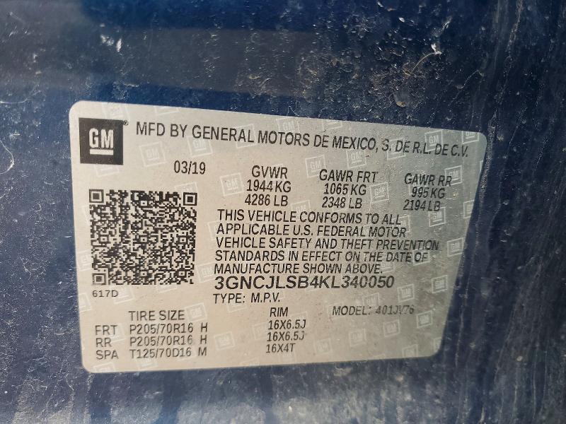 2019 Chevrolet Trax მანქანა იყიდება აუქციონზე, vin: 3GNCJLSB4KL340050, აუქციონის ნომერი: 49251866