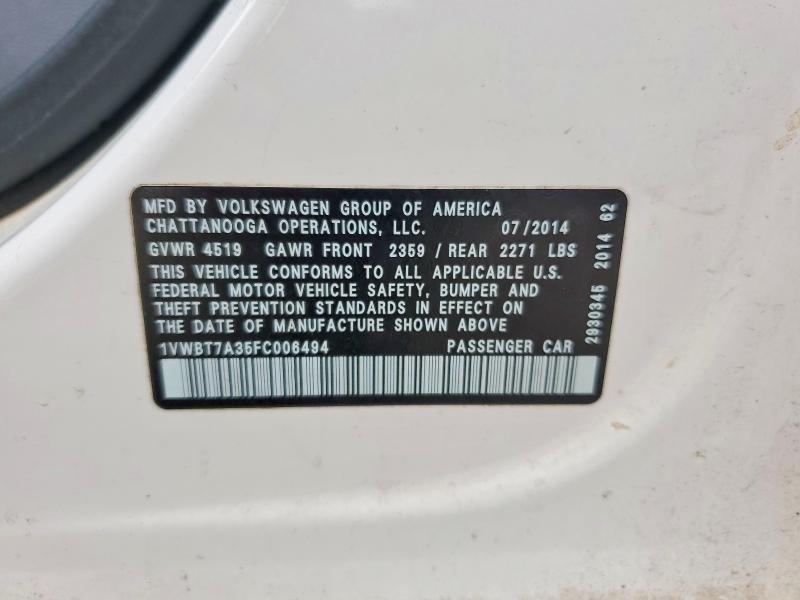 2015 Volkswagen Passat მანქანა იყიდება აუქციონზე, vin: 1VWBT7A35FC006494, აუქციონის ნომერი: 48487706