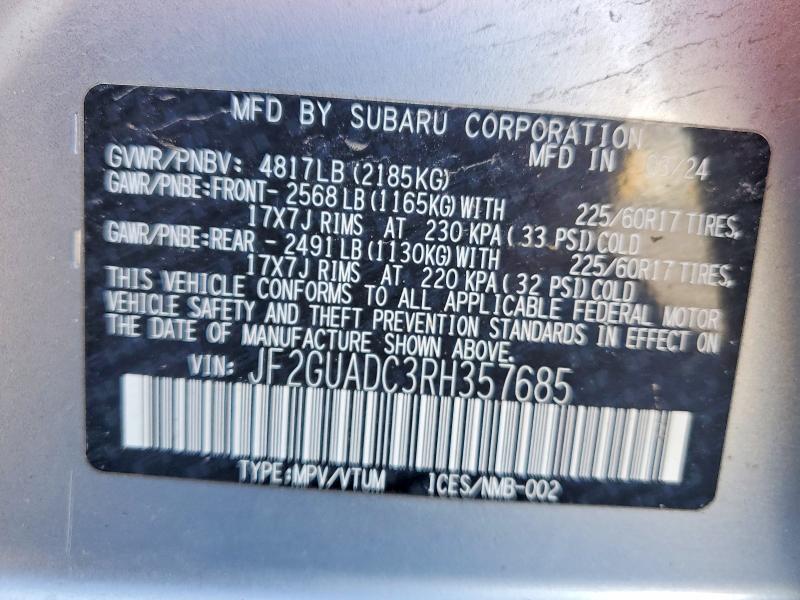 Aukcja sprzedaży 2024 Subaru Crosstrek, vin: JF2GUADC3RH357685, numer aukcji: 49054846