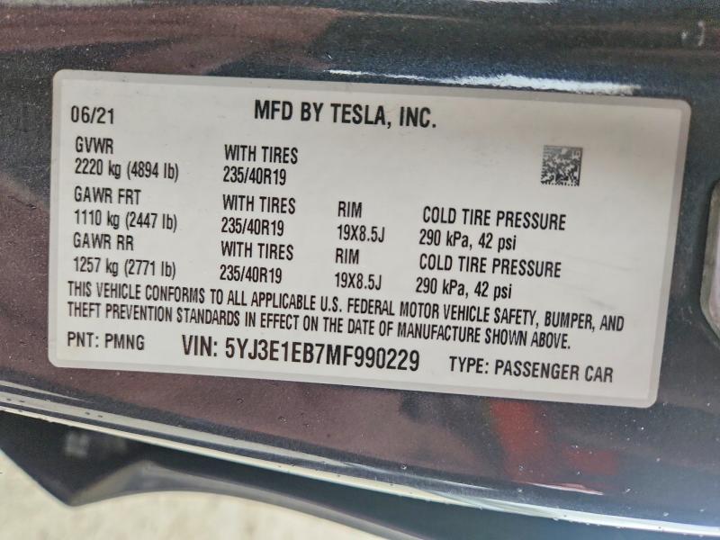 50043296 :رقم المزاد ، 5YJ3E1EB7MF990229 vin ، 2021 Tesla Model 3 مزاد بيع