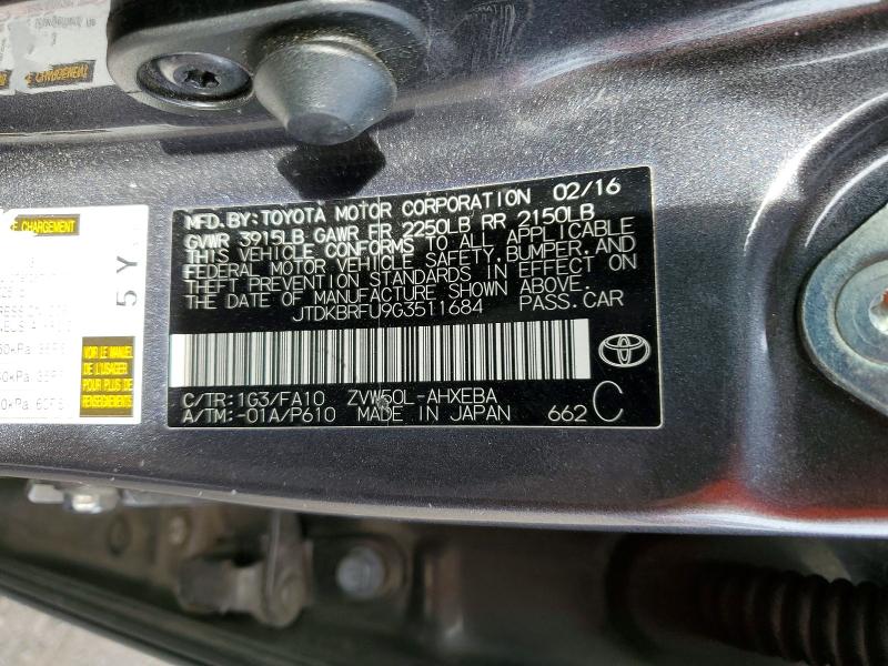 Aukcja sprzedaży 2016 Toyota Prius, vin: JTDKBRFU9G3511684, numer aukcji: 51472066