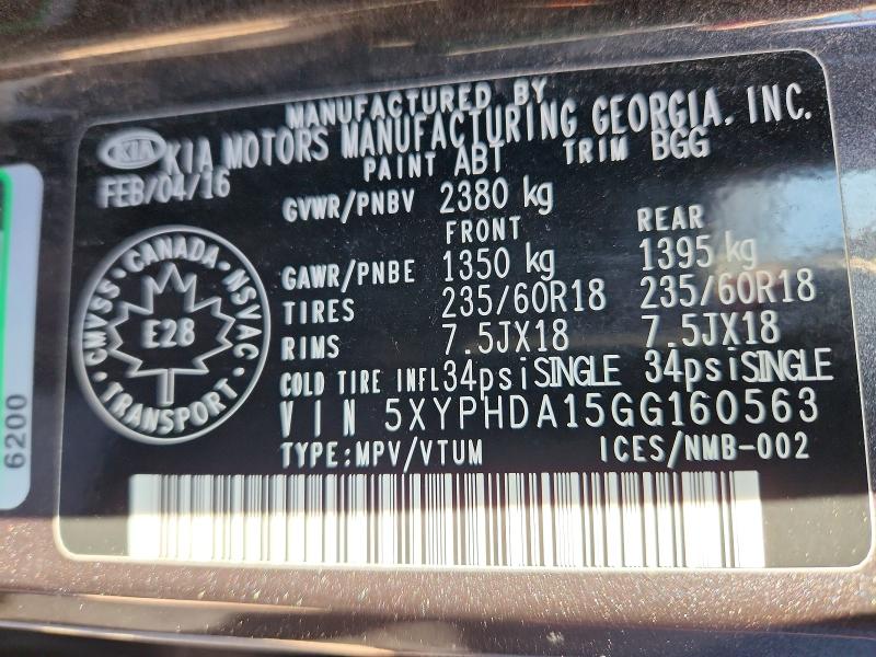 Aukcja sprzedaży 2016 Kia Sorento, vin: 5XYPHDA15GG160563, numer aukcji: 49093366