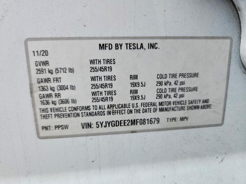 51377256 :رقم المزاد ، 5YJYGDEE2MF081679 vin ، 2021 Tesla Model Y مزاد بيع