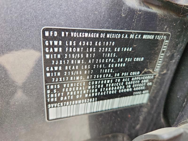 2022 Volkswagen Taos მანქანა იყიდება აუქციონზე, vin: 3VVCX7B28NM052031, აუქციონის ნომერი: 51195506