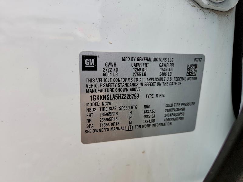 48900896 :رقم المزاد ، 1GKKNSLA5HZ326799 vin ، 2017 Gmc Acadia مزاد بيع