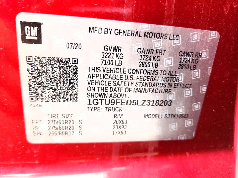 50511456 :رقم المزاد ، 1GTU9FED5LZ318203 vin ، 2020 Gmc Sierra مزاد بيع