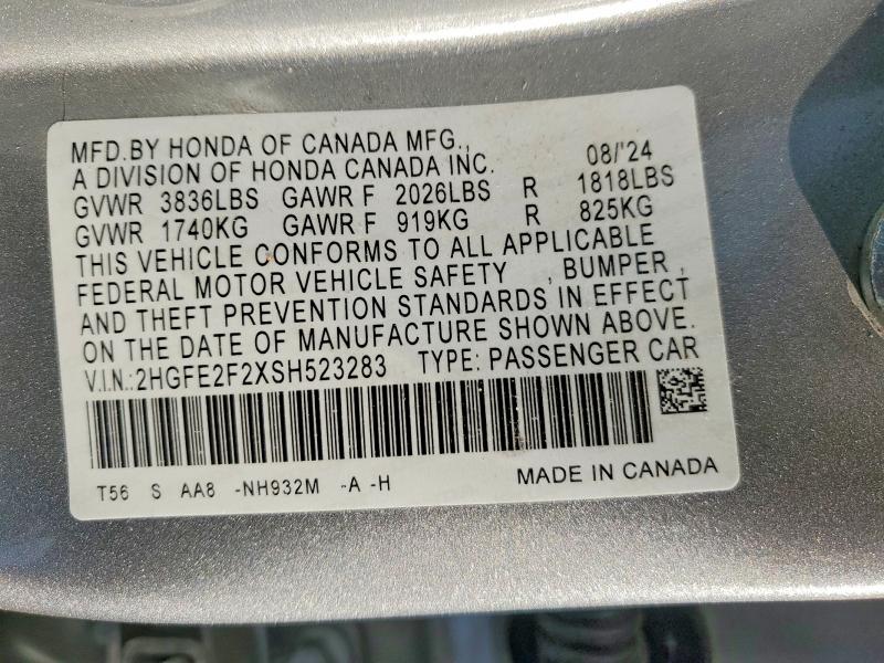 49265836 :رقم المزاد ، 2HGFE2F2XSH523283 vin ، 2025 Honda Civic مزاد بيع