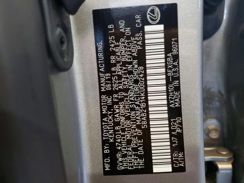50431286 :رقم المزاد ، 58AB21B14KU002428 vin ، 2019 Lexus Es مزاد بيع