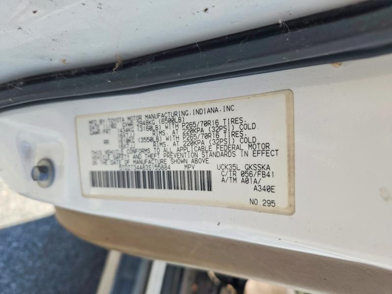 2003 Toyota Sequoia მანქანა იყიდება აუქციონზე, vin: 5TDZT34A83S155884, აუქციონის ნომერი: 49003906