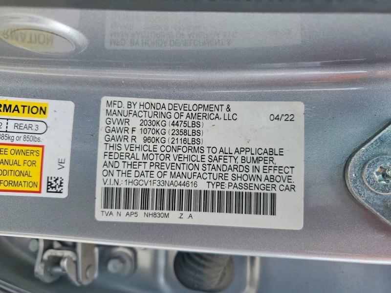 48285286 :رقم المزاد ، 1HGCV1F33NA044616 vin ، 2022 Honda Accord مزاد بيع