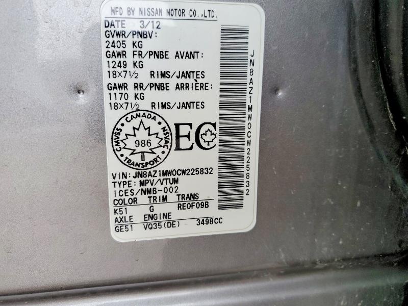 49830626 :رقم المزاد ، JN8AZ1MW0CW225832 vin ، 2012 Nissan Murano مزاد بيع