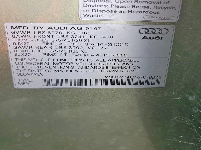 2007 Audi Q7 მანქანა იყიდება აუქციონზე, vin: WA1BV74L27D073925, აუქციონის ნომერი: 48426936