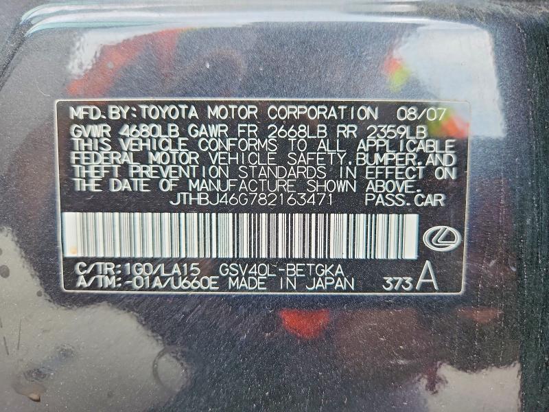 50003646 :رقم المزاد ، JTHBJ46G782163471 vin ، 2008 Lexus Es مزاد بيع