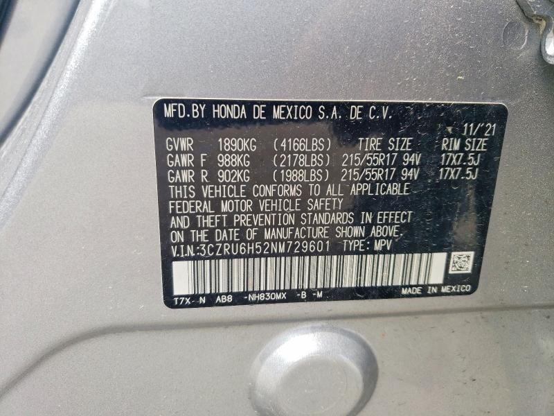 2022 Honda Hr-v მანქანა იყიდება აუქციონზე, vin: 3CZRU6H52NM729601, აუქციონის ნომერი: 48983626