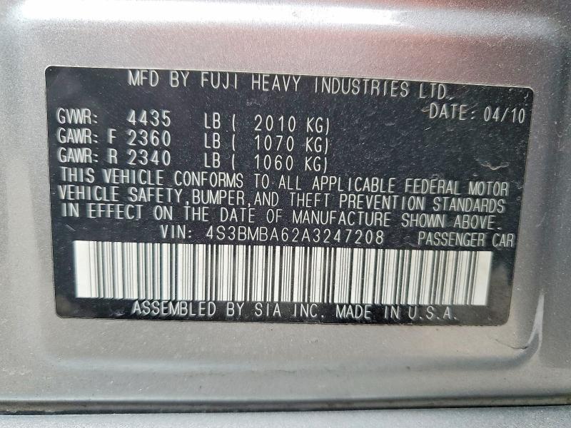 2010 Subaru Legacy მანქანა იყიდება აუქციონზე, vin: 4S3BMBA62A3247208, აუქციონის ნომერი: 51660376