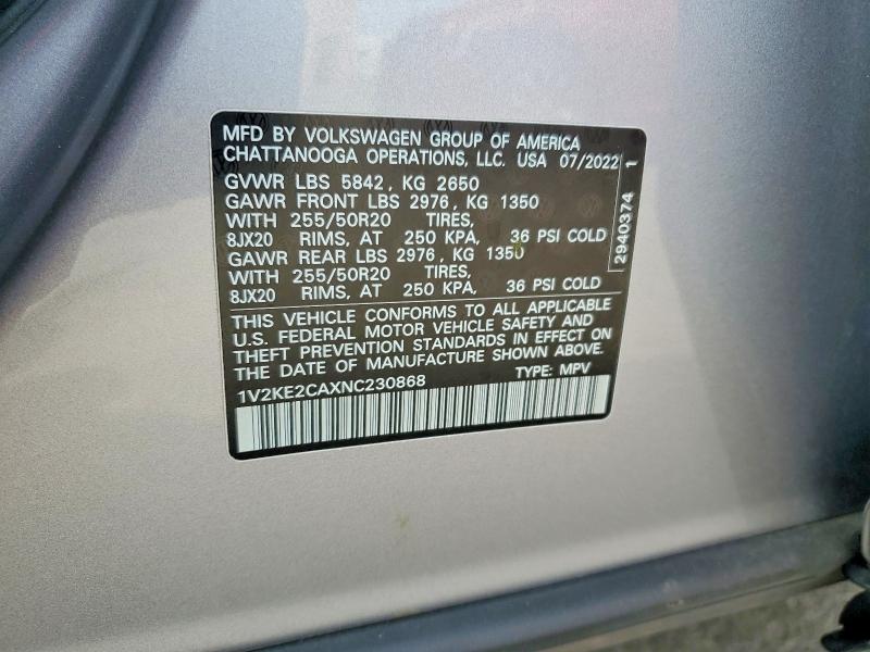 49986576 :رقم المزاد ، 1V2KE2CAXNC230868 vin ، 2022 Volkswagen Atlas Cross Sport مزاد بيع