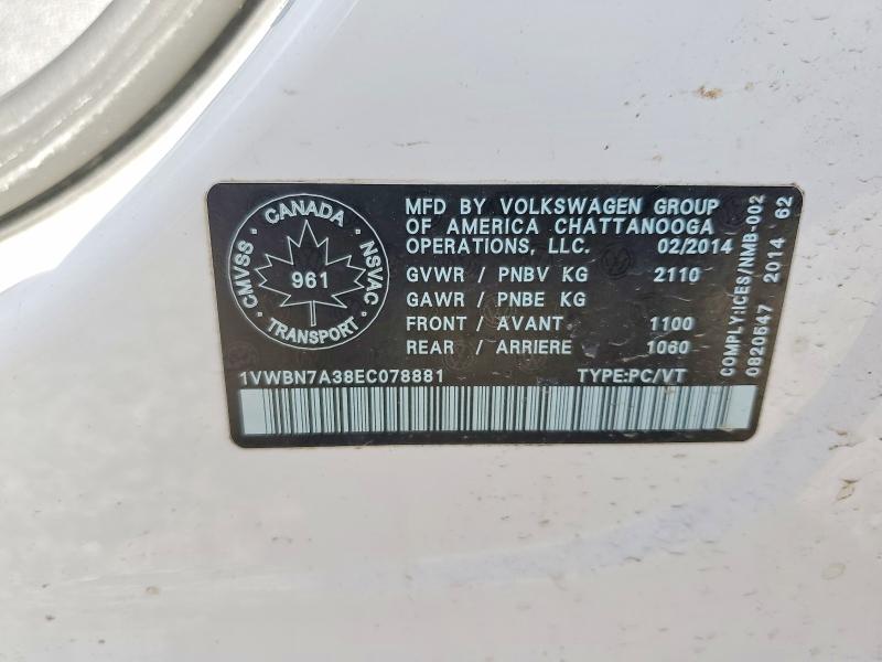 51276116 :رقم المزاد ، 1VWBN7A38EC078881 vin ، 2014 Volkswagen Passat مزاد بيع