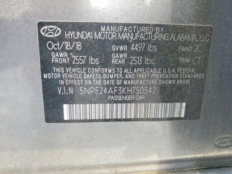2019 Hyundai Sonata მანქანა იყიდება აუქციონზე, vin: 5NPE24AF3KH750542, აუქციონის ნომერი: 49054046