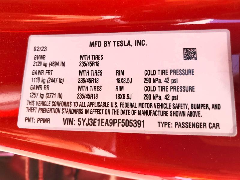 Aukcja sprzedaży 2023 Tesla Model 3, vin: 5YJ3E1EA9PF505391, numer aukcji: 48416546