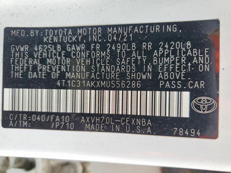 2021 Toyota Camry Hybrid მანქანა იყიდება აუქციონზე, vin: 4T1C31AKXMU556286, აუქციონის ნომერი: 49144186
