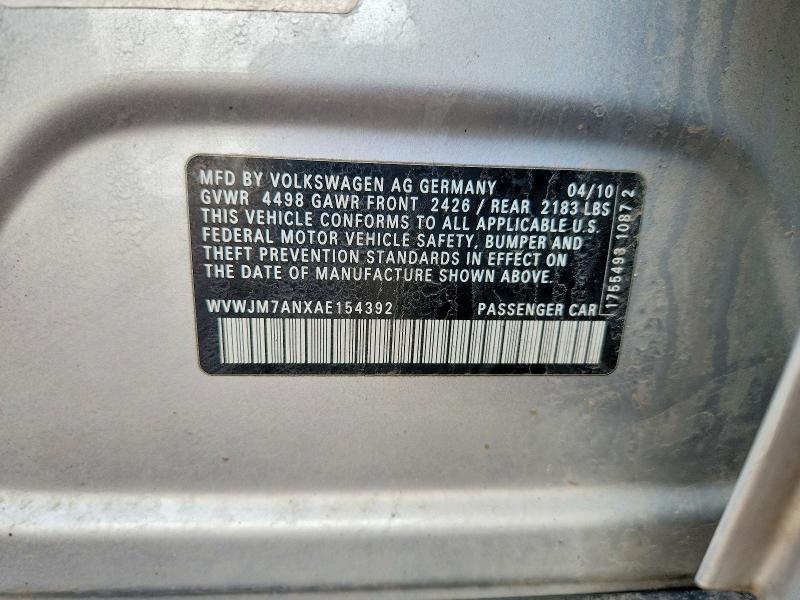 48719896 :رقم المزاد ، WVWJM7ANXAE154392 vin ، 2010 Volkswagen Passat مزاد بيع