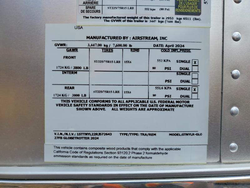 51236976 :رقم المزاد ، 1STTNYL22RJ572643 vin ، 2024 Airstream Trailer مزاد بيع