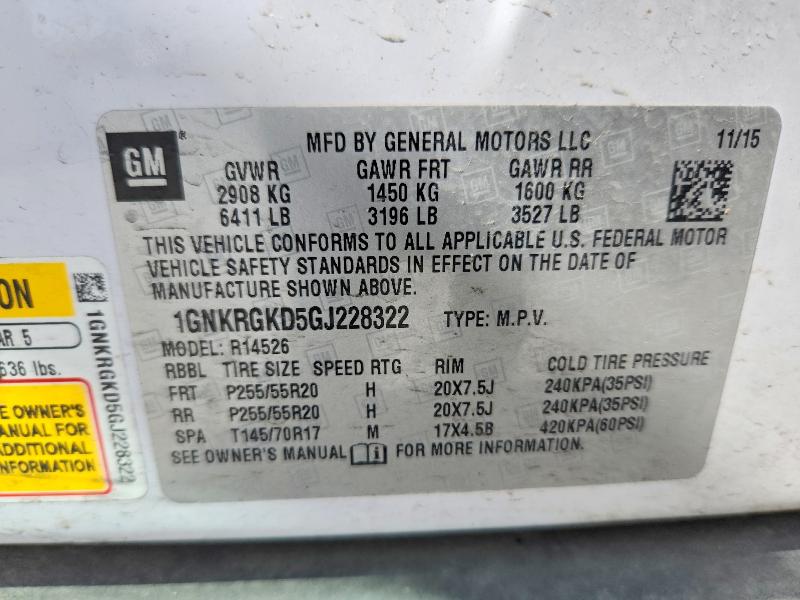 50485056 :رقم المزاد ، 1GNKRGKD5GJ228322 vin ، 2016 Chevrolet Traverse مزاد بيع