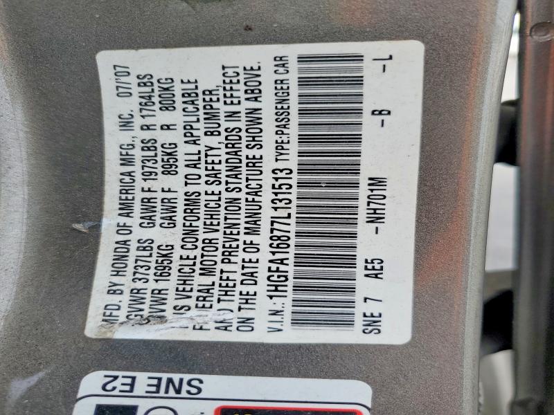 Aukcja sprzedaży 2007 Honda Civic, vin: 1HGFA16877L131513, numer aukcji: 51182946