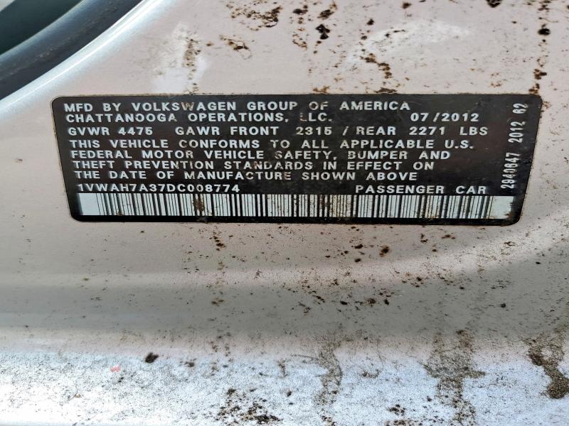 2013 Volkswagen Passat მანქანა იყიდება აუქციონზე, vin: 1VWAH7A37DC008774, აუქციონის ნომერი: 51625456