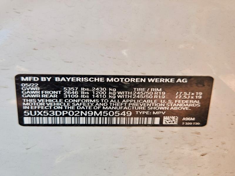 51308616 :رقم المزاد ، 5UX53DP02N9M50549 vin ، 2022 Bmw X3 مزاد بيع