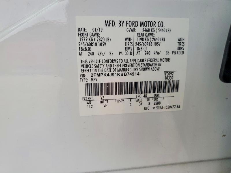 2019 Ford Edge მანქანა იყიდება აუქციონზე, vin: 2FMPK4J91KBB74914, აუქციონის ნომერი: 48629546