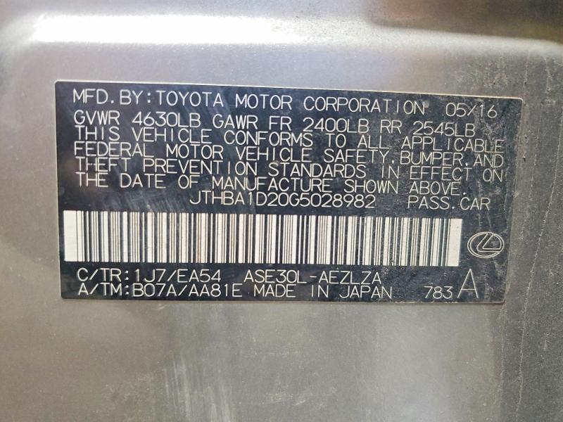 51473316 :رقم المزاد ، JTHBA1D20G5028982 vin ، 2016 Lexus Is مزاد بيع
