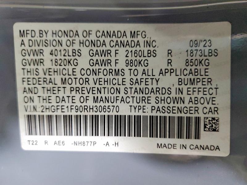 51617066 :رقم المزاد ، 2HGFE1F90RH306570 vin ، 2024 Honda Civic مزاد بيع