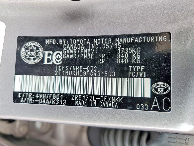 49783316 :رقم المزاد ، 2T1BURHE9FC431503 vin ، 2015 Toyota Corolla مزاد بيع