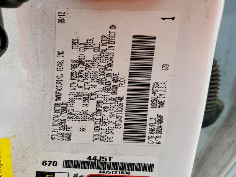 50460196 :رقم المزاد ، 5TFDW5F11CX267401 vin ، 2012 Toyota Tundra مزاد بيع